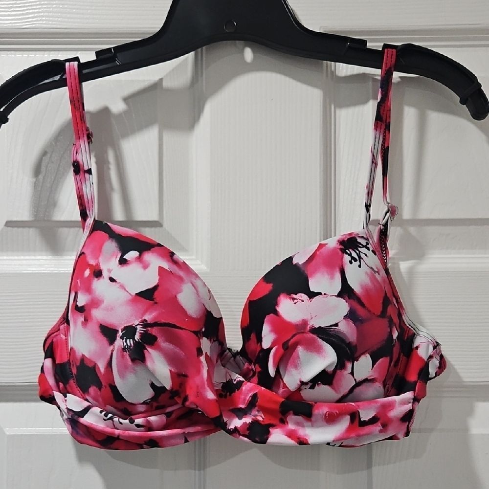 Floral Push-Up Bra Bikini Top - Pink & Black